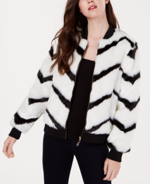 image of Say What? Juniors- Chevron-Printed Faux-Fur Bomber Jacket