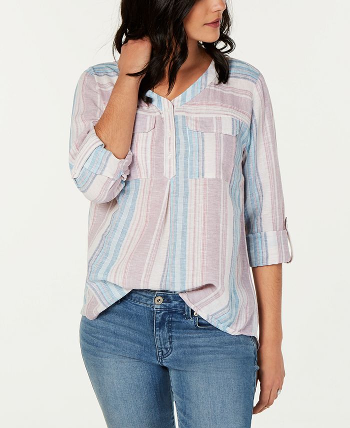 Style & Co Roll-Tab-Sleeve Striped Top, Created for Macy's - Macy's