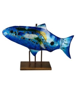 Jasmine Art Glass 18" X 10" Blue Fish, Gold Kissed Stand In Multi