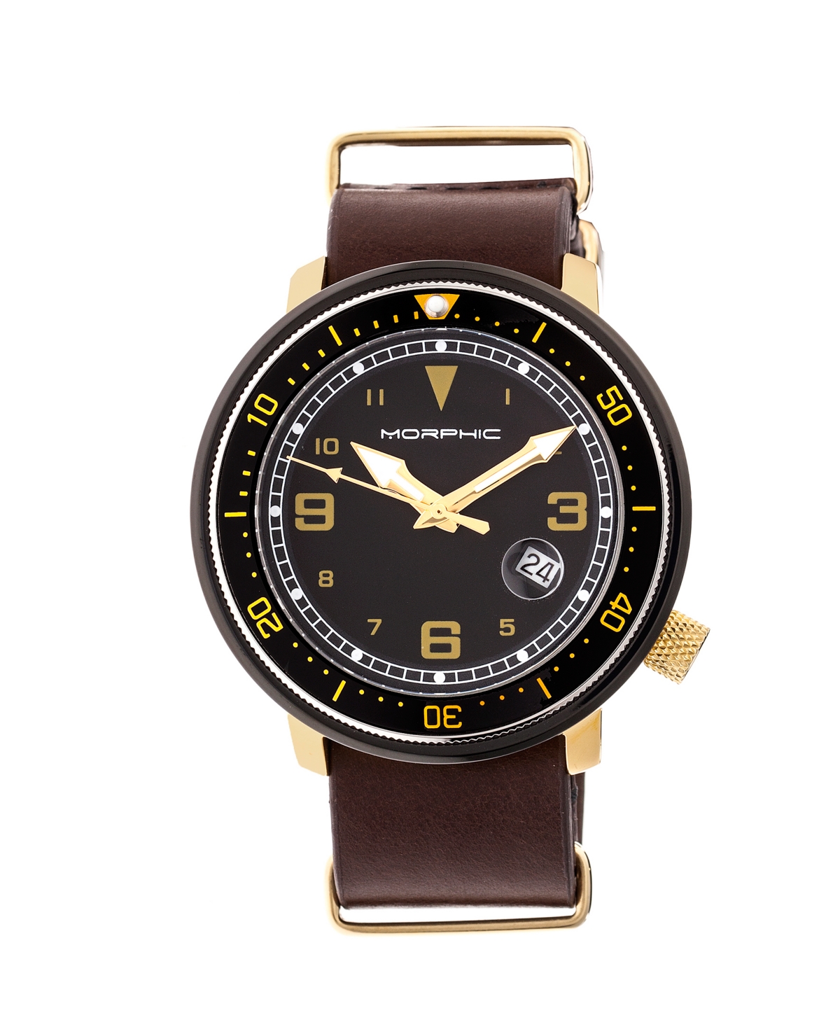M58 Series, Gold Case, Dark Brown Nato Leather Band Watch w/ Date, 42mm - Dark Brown