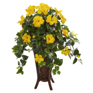 Nearly Natural Hibiscus Artificial Plant In Stand Planter In Yellow
