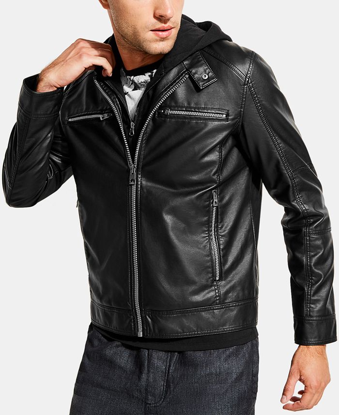 GUESS Men's Dylan Hooded Faux-Leather Jacket - Macy's