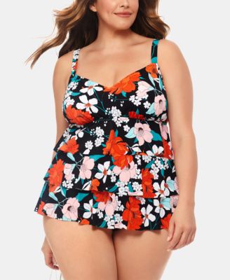 Swim Solutions - Plus Size Cosmopolitan Printed Tiered Tummy-Control One-Piece Swimsuit