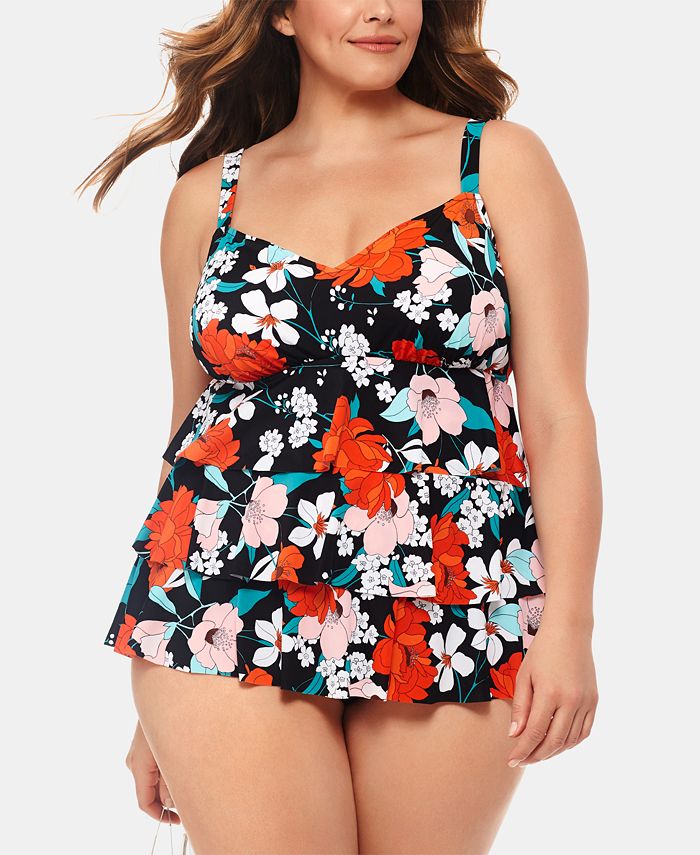 Swim Solutions Plus Size Cosmopolitan Printed Tiered Tummy Control One Piece Swimsuit Created 0689