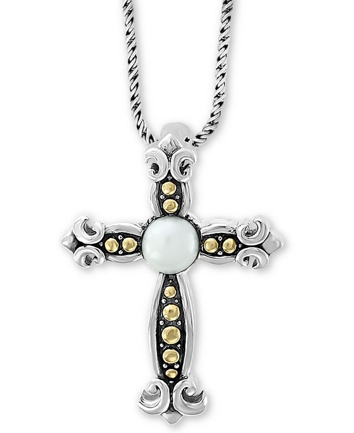 EFFY Collection - Cultured Freshwater Pearl (6mm) Cross 18" Pendant Necklace in Sterling Silver & 18k Gold Over Silver