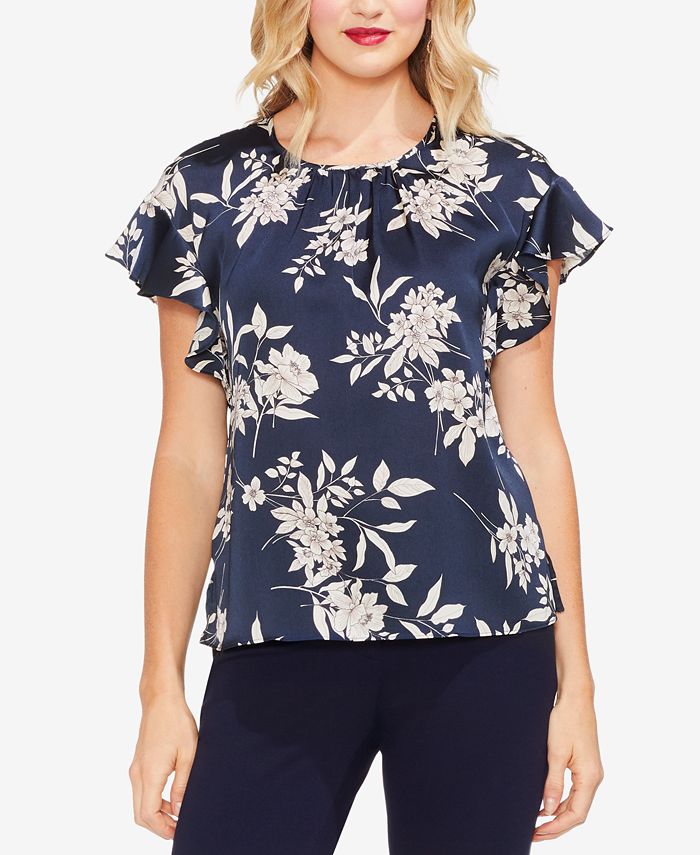 Vince Camuto Floral-Print Flutter-Sleeve Top - Macy's