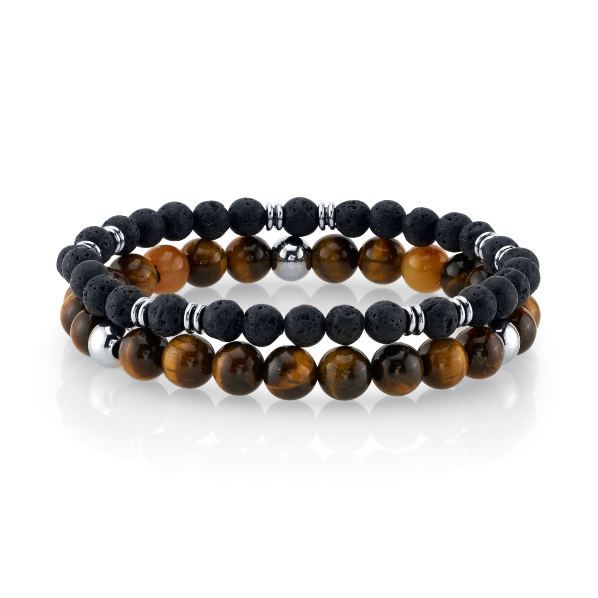 Tiger Eye Stone and Black Lava Bead Double Bracelet with Stainless Steel Beads, 8.5" - Black/Brown/Stainless Steel