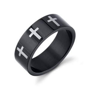 image of He Rocks Black Stainless Steel Ring Featuring Cross Design