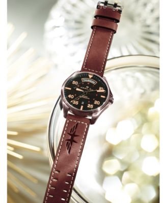 Men's Swiss Automatic Khaki Pilot Brown Leather Strap Watch 42mm