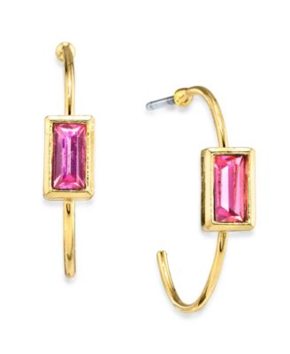 14K Gold-tone Square Crystal Open Hoop Stainless Steel Post Small Earrings 