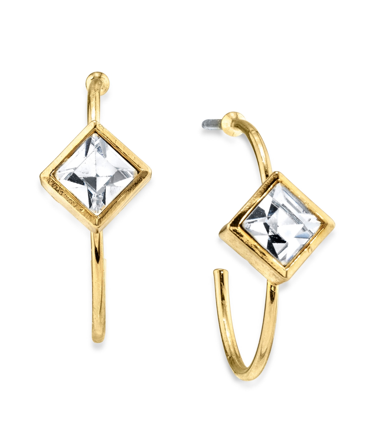 2028 14K Gold-tone Diamond Shape Crystal Open Hoop Stainless Steel Post Earrings
