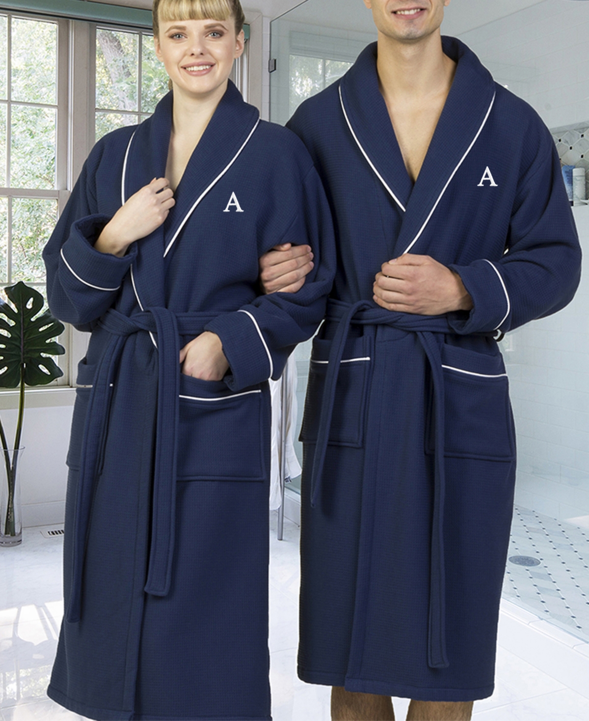 Linum Home Personalized 100% Turkish Cotton Waffle Terry Bath Robe - Navy Bedding