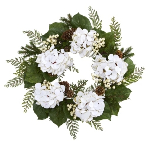 Nearly Natural 24" Gold Trimmed Hydrangea & Berry Wreath In White