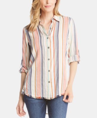 Karen Kane - Striped Fringe-Hem Button-Up Shirt