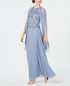 Women's Sleeveless Embellished A-Line Gown and Scarf