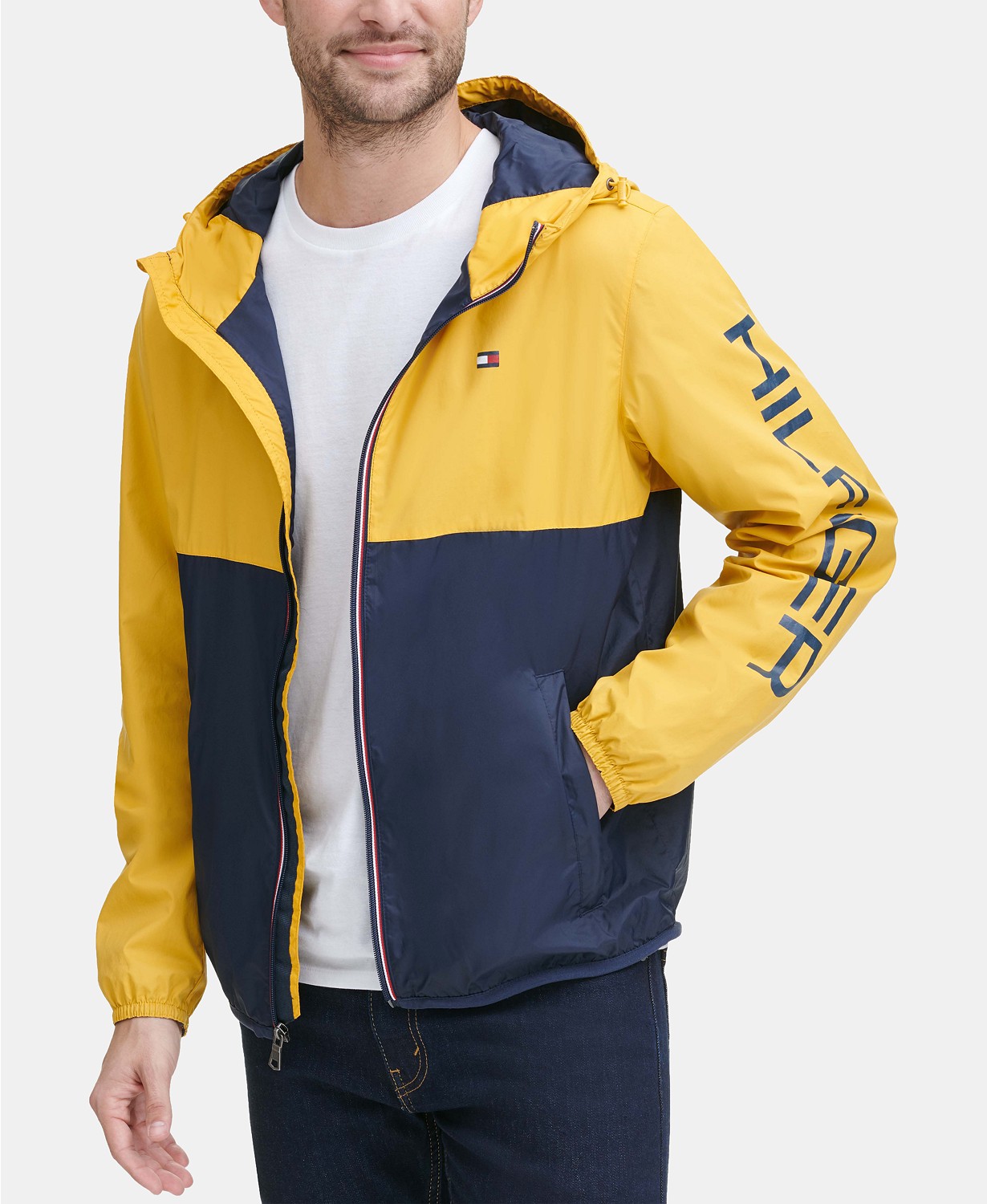 Mens Colorblocked Logo Rain Slicker Jacket