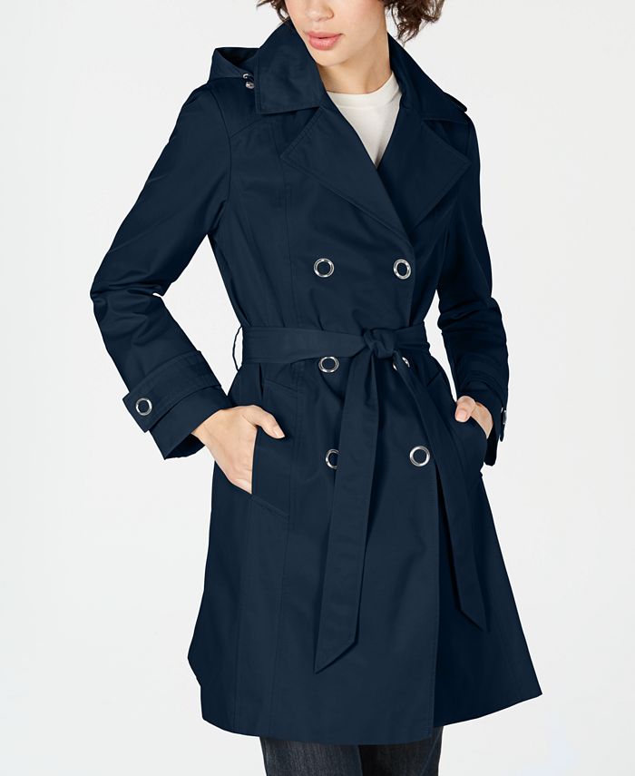 Anne Klein Double-Breasted Hooded Water Resistant Trench Coat - Macy's