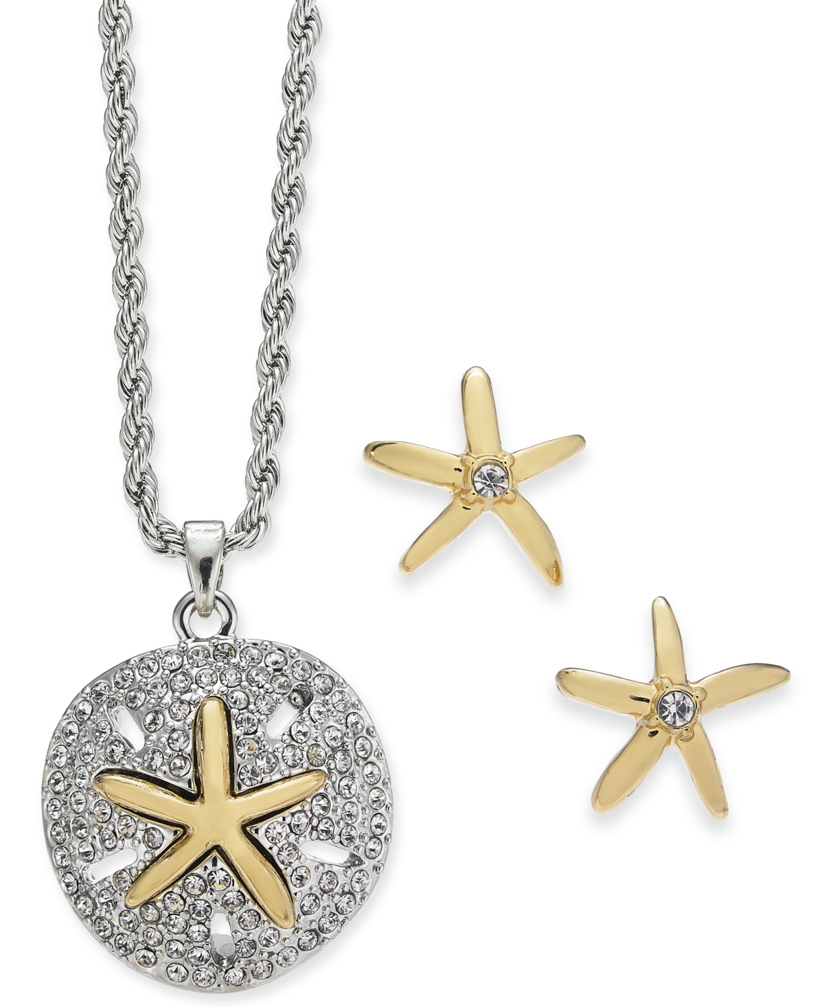 Charter Club Two-Tone Sand Dollar & Starfish Pendant Necklace & Stud Earring Set, Created for Macy's