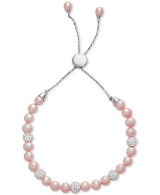 White Cultured Freshwater Pearl (6mm) & Crystals Bolo Bracelet in Sterling Silver