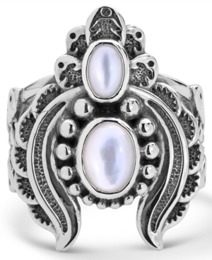 image of American West Double White Mother of Pearl Ring with Feather Scroll work in Sterling Silver