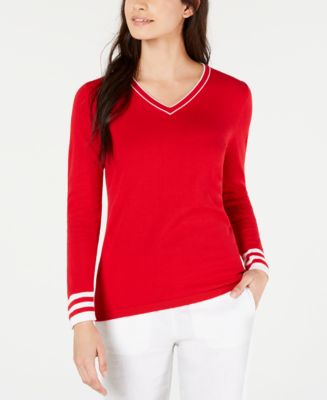 Tommy Hilfiger Ivy Cotton Striped-Trim Sweater, Created for Macy's - Macy's