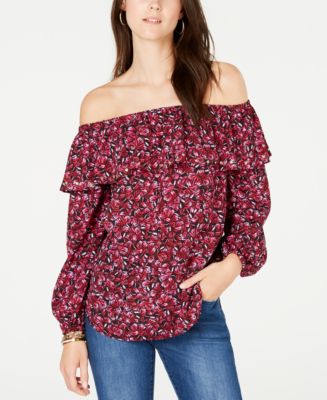 Michael Kors Women's Satin Ruffled Off the Shoulder Top Black Size Medium
