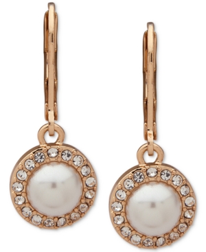 image of Anne Klein Gold-Tone Pave & Imitation Pearl Halo Drop Earrings