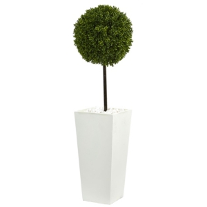 Nearly Natural 3.5' Boxwood Ball Topiary Artificial Tree In White Tower Planter Uv Resistant In Green