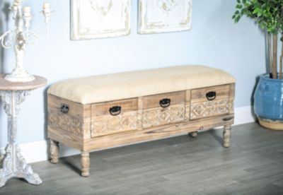 Rustic 20" x 47" Three-Drawer Storage Bench with Cushioned Seat