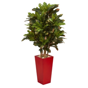 Nearly Natural 4' Croton Artificial Plant In Red Planter In Green