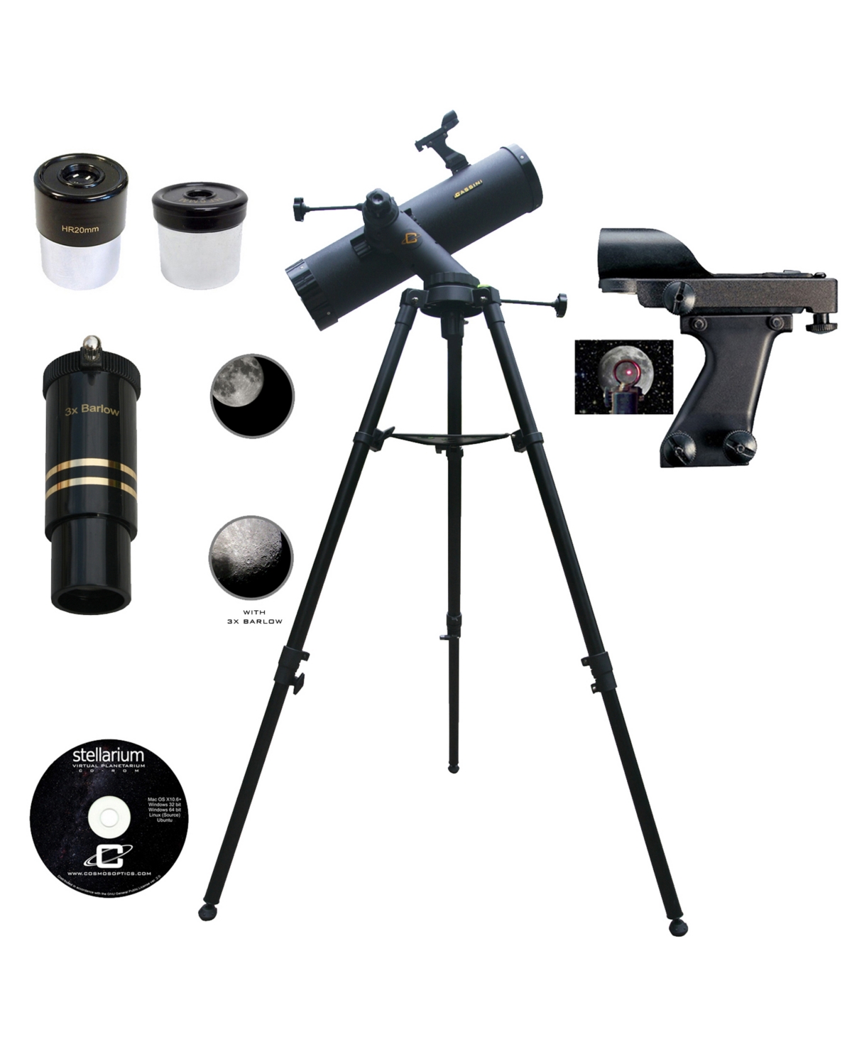 Cosmo Brands Cassini 640 X 102mm Tracker Mount Astronomical Telescope And Red Dot Finderscope In Black