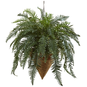 Nearly Natural 33" Giant River Fern W/ Cone Hanging Basket In Green