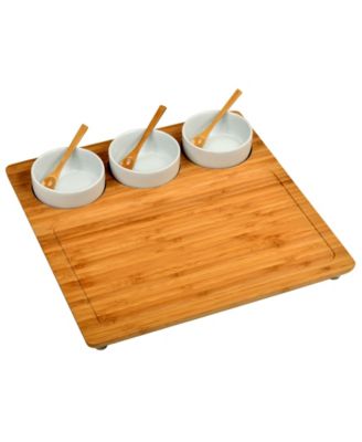 Entertainer Bamboo Cheese Board Platter with 3 Ceramic Bowls