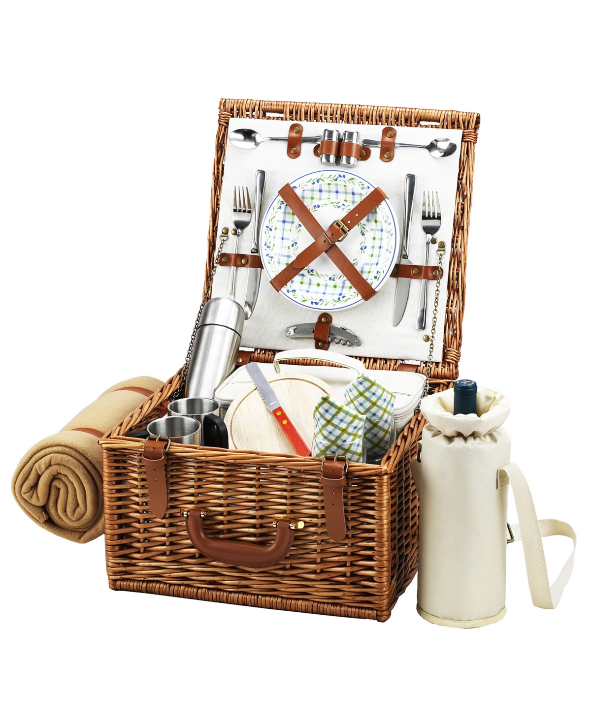 Cheshire English-Style Basket -Picnic, Coffee with Blanket for 2 - Turquoise