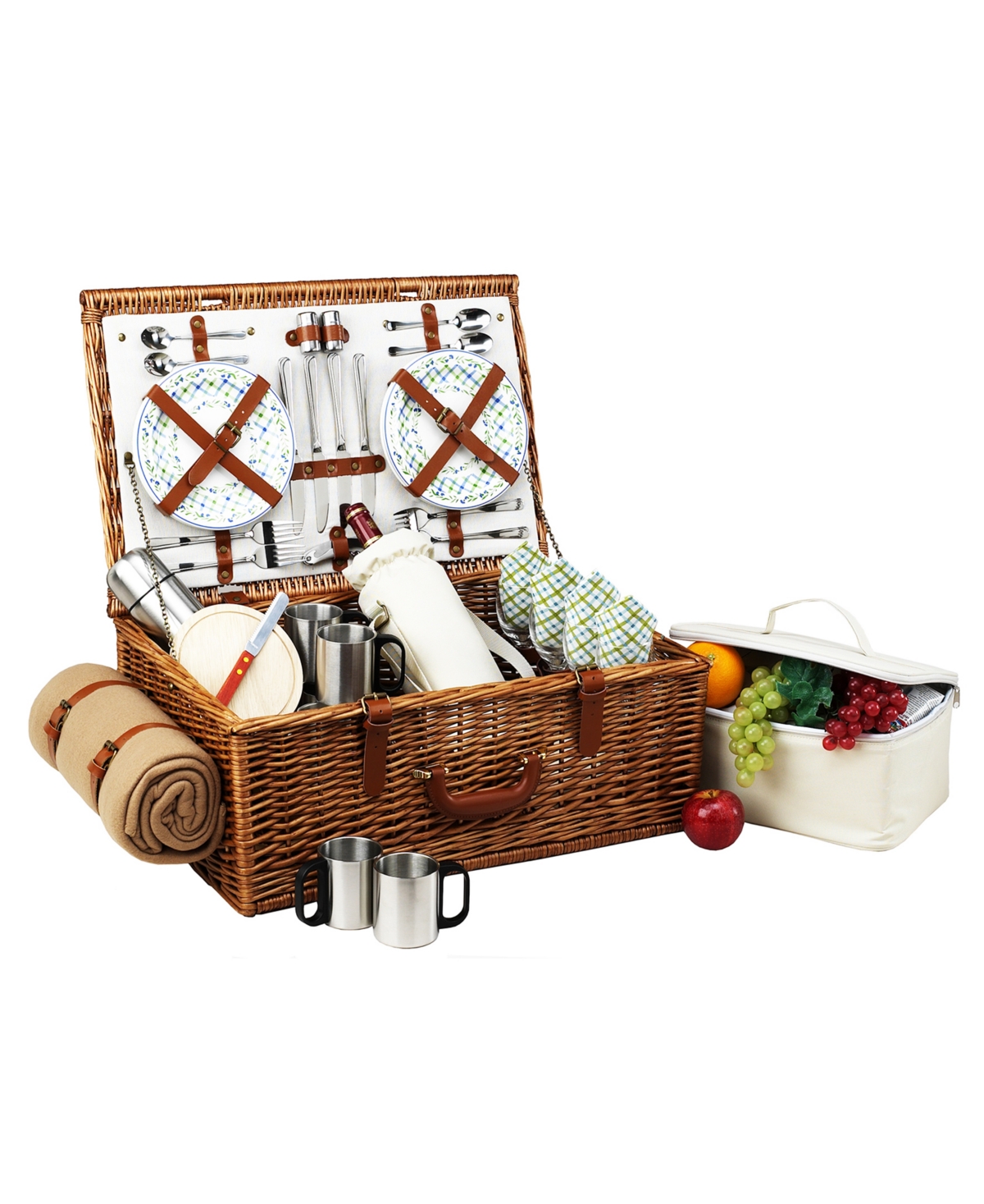 Dorset English-Style Picnic, Coffee Basket for 4 with Blanket - Turquoise