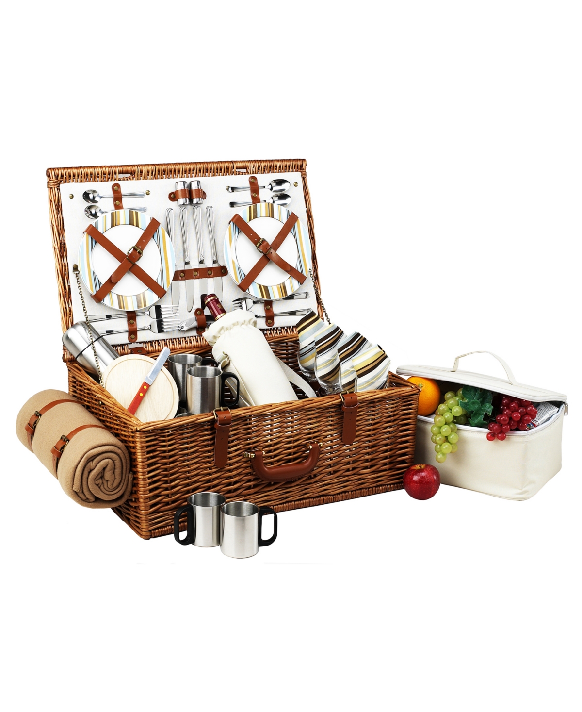 Dorset English-Style Picnic, Coffee Basket for 4 with Blanket - Turquoise