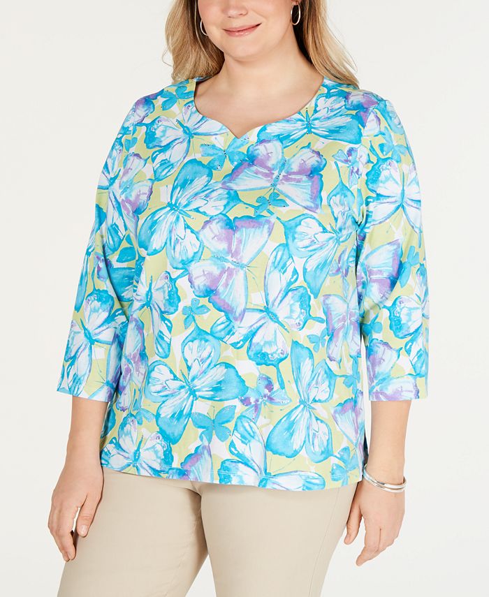 Alfred Dunner Plus Size Butterfly Effect Sweetheart-Neck Top - Macy's