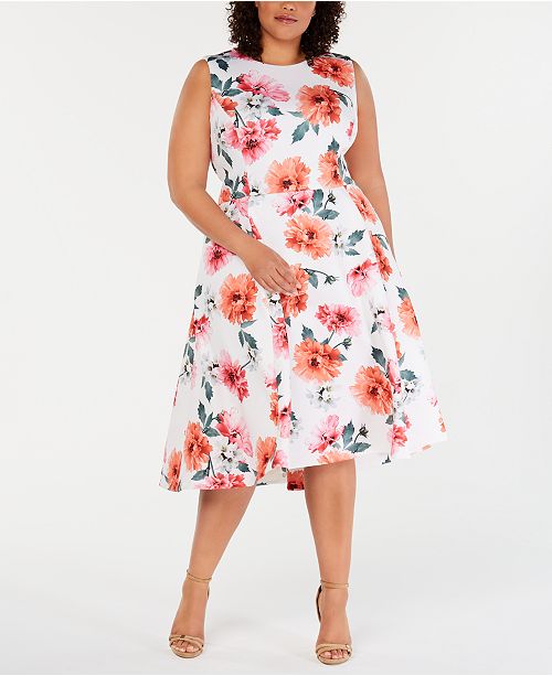 Calvin Klein Plus Size Floral-Print Fit & Flare Dress & Reviews - Dresses - Women - Macy&#39;s