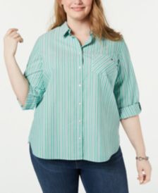 Plus Size Striped Cotton Roll-Tab Shirt