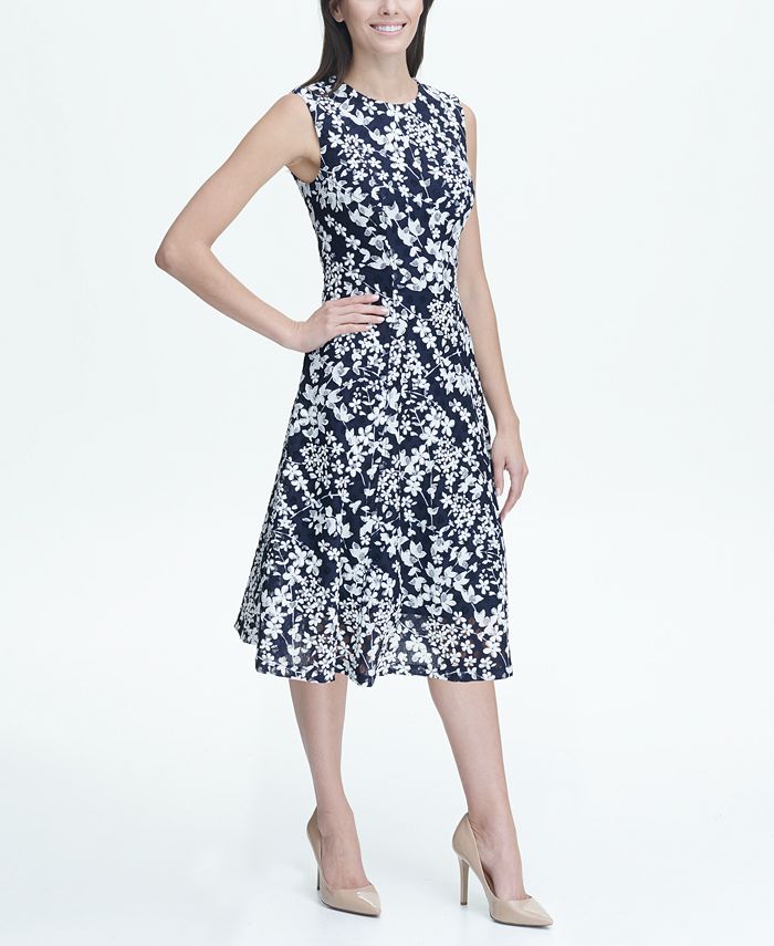 Tommy Hilfiger Floral Printed Dot Lace Fit and Flare Midi Dress - Macy's