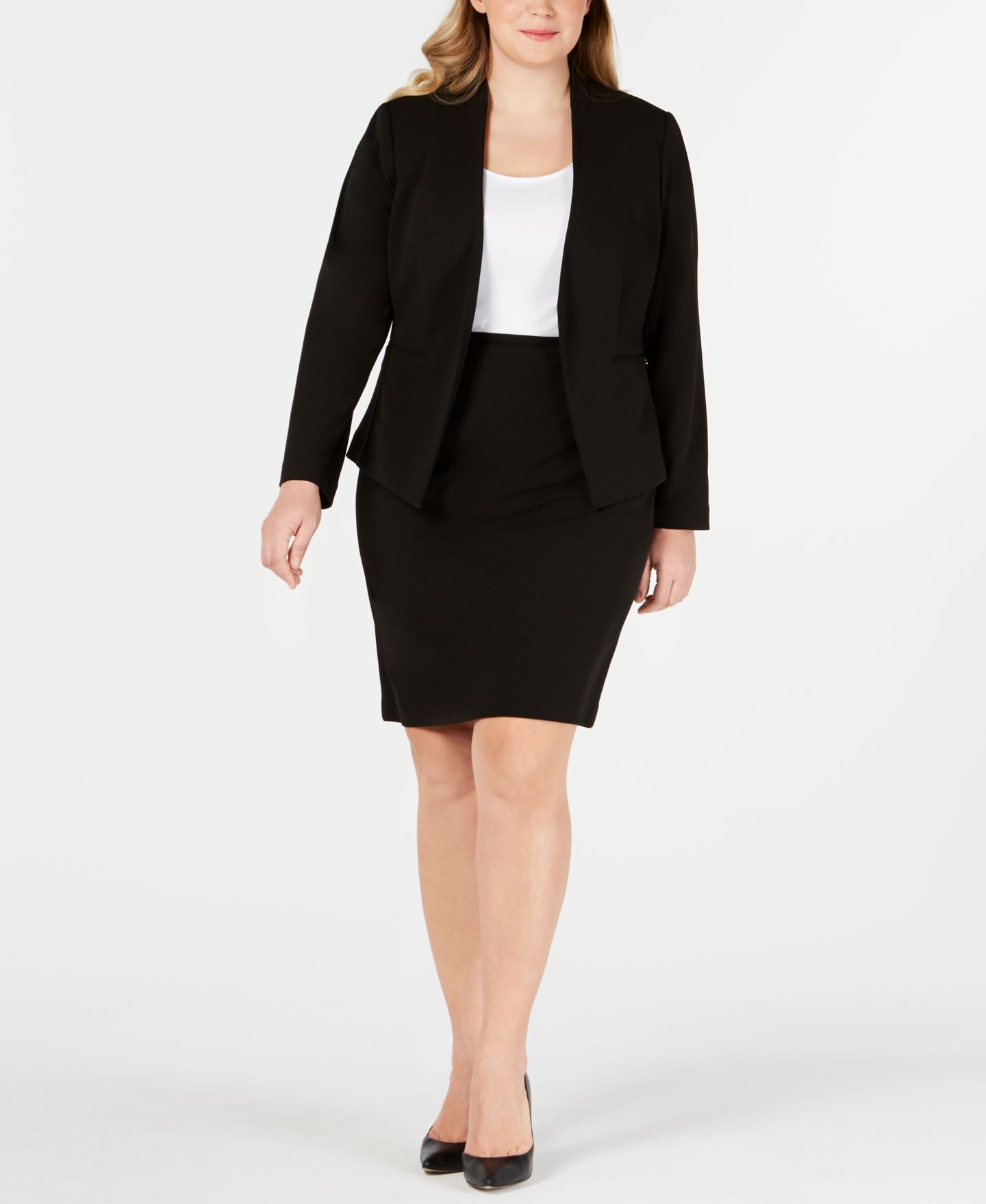 Женские комплекты Calvin Klein Plus Size Asymmetrical Jacket & Pencil Skirt, цвет: Чёрный — фото 1