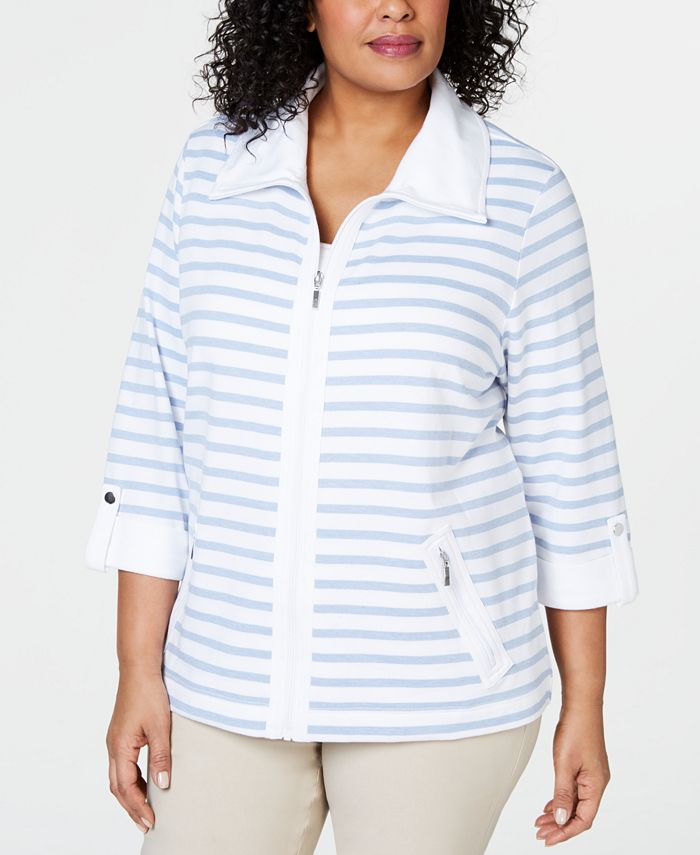 Karen Scott Womens Blue White Striped Full Zip Long Sleeve Sport Jacket  Plus 1X