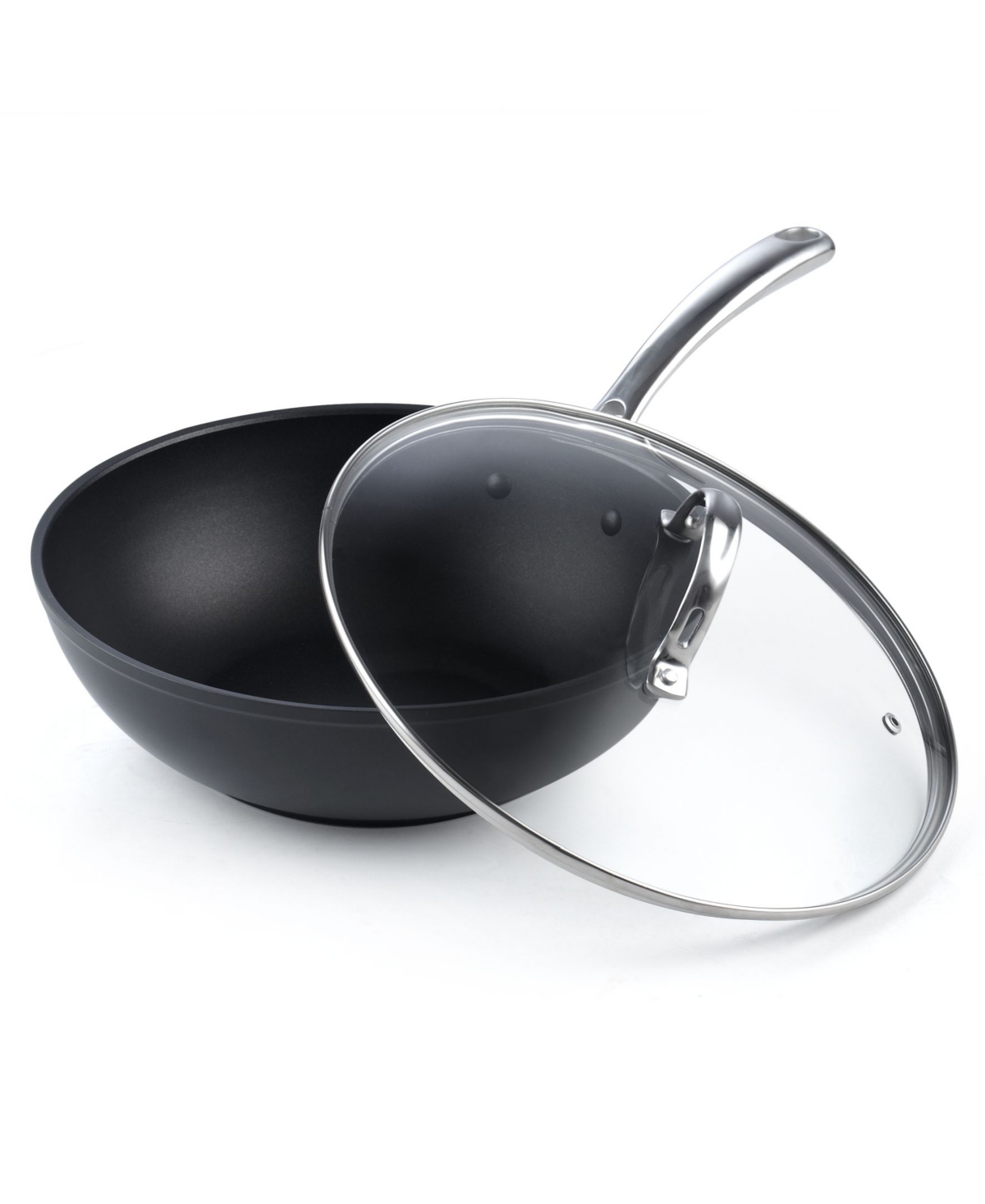 Cooks Standard 11-Inch Hard Anodized Nonstick Stir-Fry Wok Pan Deep Frying Pan with Glass Lid, Flat Bottom,- Black