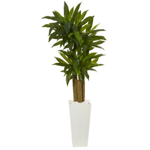 Nearly Natural 5' Cornstalk Dracaena Artificial Plant In White Tower Planter In Green