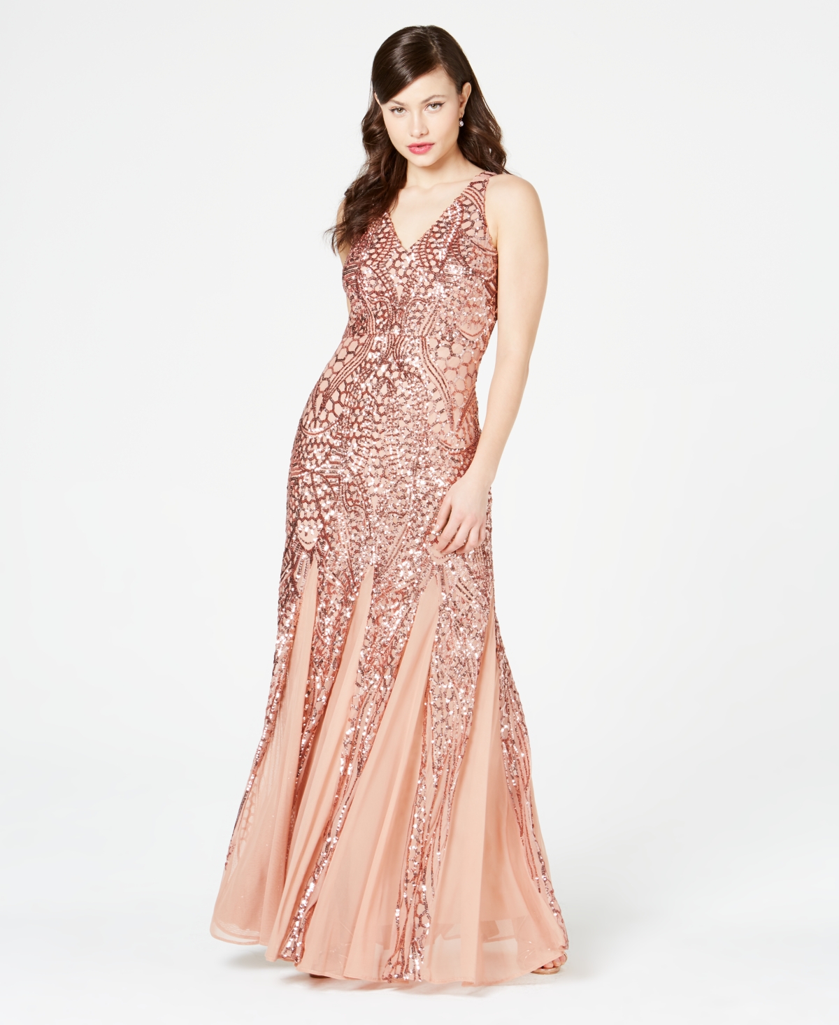 R&M Richards Petite Sleeveless Pleated Sequin Embellished Gown - Rose Gold