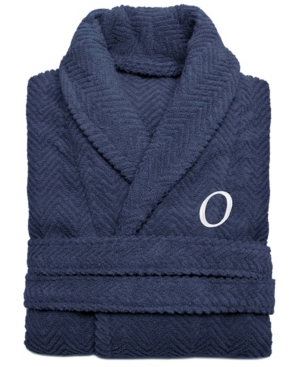 Linum Home 100% Turkish Cotton Personalized Unisex Herringbone Bath Robe - Midnight Blue Bedding