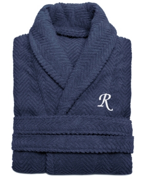 Linum Home 100% Turkish Cotton Personalized Unisex Herringbone Bath Robe - Midnight Blue Bedding