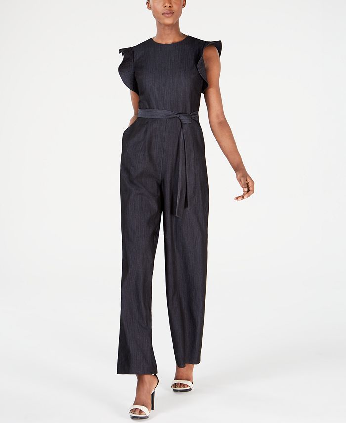 Calvin Klein Ruffle-Sleeve Chambray Jumpsuit - Macy's