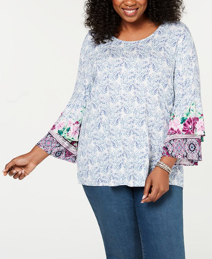Style & Co Plus Size Printed Tier-Sleeve Top, Created for Macy's - Macy's