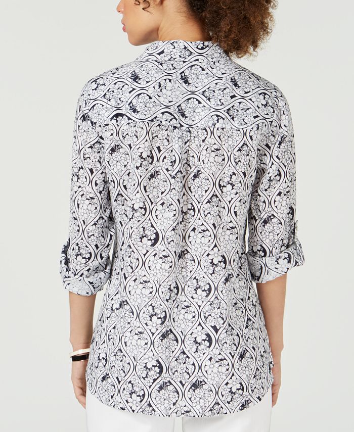 Charter Club Printed Linen RollTabSleeve Shirt, Created for Macy's